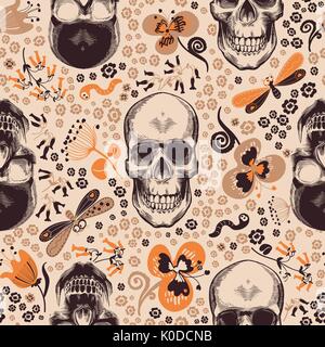 Gorgeous floral seamless pattern with skeleton skulls drawn in retro woodcut style, cartoon orange and brown flowers and funny insects against beige background. Vector illustration for fabric print. Stock Vector