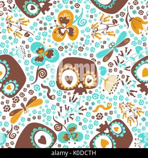 Cute seamless pattern with silhouettes of cartoon sugar skulls, blooming summer plants, goggle eyed butterflies and worms against white background. Vector illustration for wrapping paper, wallpaper. Stock Vector