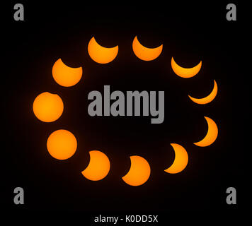 Stages of Partial Solar Eclipse, with a peak magnitude of 80 percent. Observed in Dallas, Texas on August 21, 2017. Stock Photo