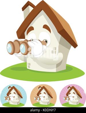 House cartoon character  illustration seeing through binocular Stock Vector