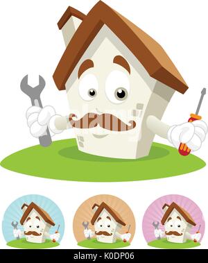 House cartoon character  illustration holding screwdriver and monkey wrench Stock Vector