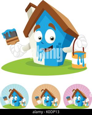 House cartoon character  illustration holding brush and paint bucket, DIY painting Stock Vector