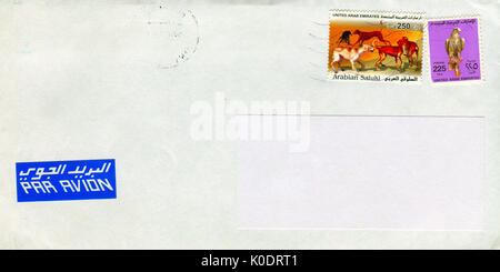 GOMEL, BELARUS - AUGUST 12, 2017: Old envelope which was dispatched from United Arab Emirates to Gomel, Belarus, August 12, 2017. Stock Photo