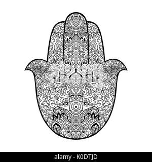 Hamsa hand drawn symbol. Fatima hand pattern. Vector illustration. Indian mandala ornament for adult coloring books. Asian pattern. Black and white authentic background. Stock Vector