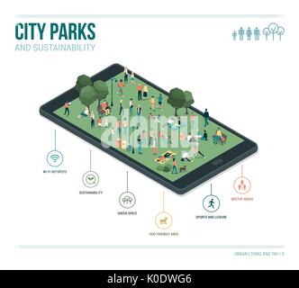 City park, sustainability and technology infographic: people relaxing together and gathering in the park on a digital touch screen tablet Stock Vector