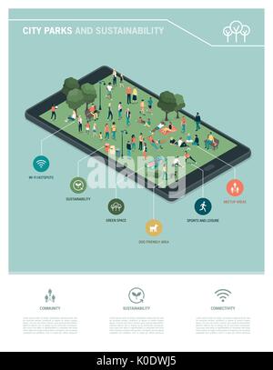 City park, sustainability and technology infographic: people relaxing together and gathering in the park on a digital touch screen tablet Stock Vector