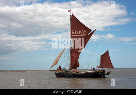 Edme historic sailing barge entering the river Ore estuary, Shingle Street, Suffolk, UK. Stock Photo