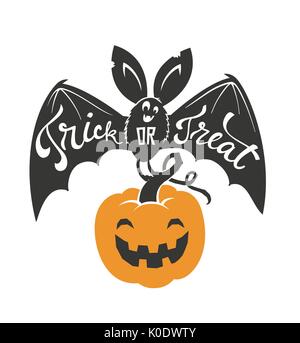 Cartoon flying bat with spread wings and Trick or Treat text written on it holding Halloween pumpkin lantern isolated on white background. Vector illustration for greeting card, party invitation. Stock Vector