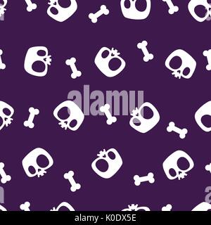 Simple seamless pattern with white silhouettes of cartoon human skulls or Jolly Rogers and bones against plain purple background. Vector illustration for wallpaper, wrapping paper, fabric print. Stock Vector
