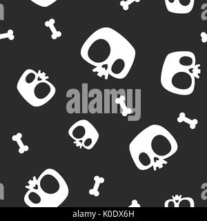 Pirate seamless pattern with white cute cartoon skeleton skulls and bones against plain black background. Monochrome vector illustration for Halloween party invitation, wrapping paper, textile print. Stock Vector
