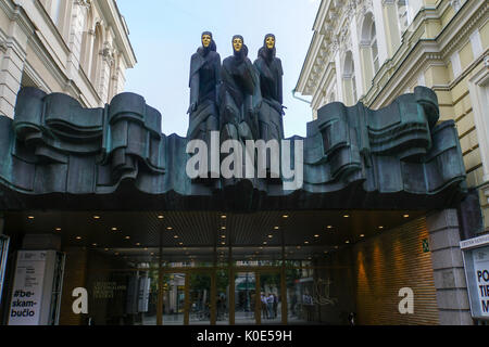 Three Muses sculpture atop Lithuanian National Drama Theater, Vilnius, Lithuania Stock Photo