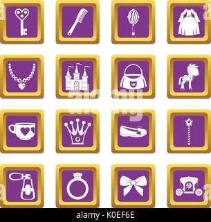 Doll princess items icons set purple Stock Vector