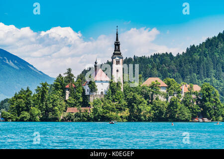 St. Mary's Church is located on a small island in Lake Bled. The Church was built in 1465, Bled, Gorenjska (upper Carniola), Slovenia, Europe. Stock Photo