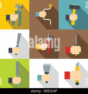Hand with tools icons set, flat style Stock Vector