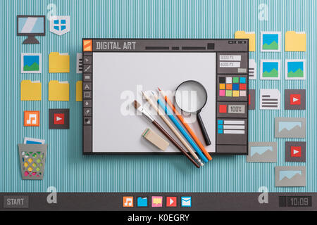 Graphic design software user interface with real tools, creativity and communication concept, collage and paper cut composition Stock Photo