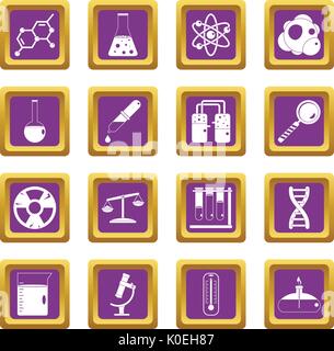 Chemical laboratory icons set purple Stock Vector