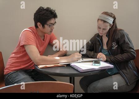 A male student points to notes as a female student listens to his explanation, seated at a small table in the library, a laptop and cellular phone buried under the notebooks; Baltimore, Maryland, March, 2014. Courtesy Eric Chen. Stock Photo