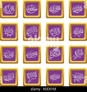 Comic colored sound icons set purple Stock Vector