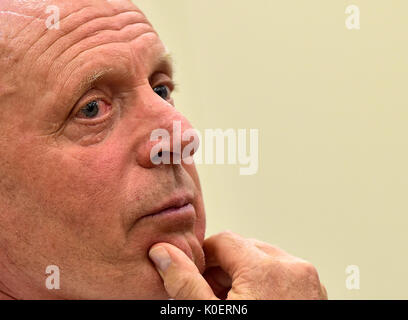 Karel Jarolim, Head Coach of the Czech national soccer team, speaks during the press conference for the 2018 FIFA World Cup qualification matches with Germany and Northern Ireland, in Prague, Czech Republic, on August 22, 2017. (CTK Photo/Roman Vondrous) Stock Photo