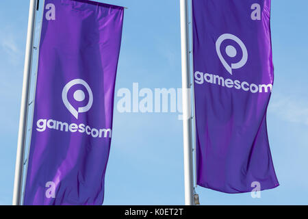 Cologne, Germany. 22nd Aug, 2017. Germany, Cologne, August 22, 2017, Gamescom: Flags with gamescom Logo. Credit: Juergen Schwarz/Alamy Live News Stock Photo