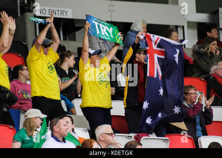 Belfast, Northern, Ireland. 22nd Aug, 2017. Australian rugby fans during the Ireland v Australia 5th place semi-final match during the Women's Rugby World Cup at Kingspan Stadium, Belfast. FT: Ireland 24 - 36 Australia. Credit: Elsie Kibue/Alamy Live News Stock Photo