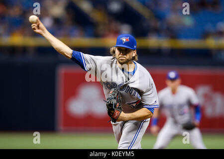 August 22, 2017 - St. Petersburg, Florida, U.S. - WILL VRAGOVIC   |   Times.Toronto Blue Jays relief pitcher Chris Rowley (45) throwing in the first inning of the game between the Toronto Blue Jays and the Tampa Bay Rays at Tropicana Field in St. Petersburg, Fla. on Tuesday, Aug. 22, 2017. (Credit Image: © Will Vragovic/Tampa Bay Times via ZUMA Wire) Stock Photo