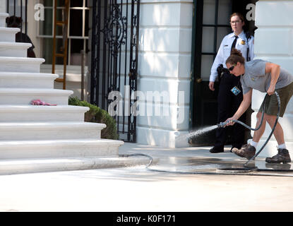 Washington, USA. 22nd Aug, 2017. Contractor works on the newly renovated steps of the South Portico of the White House in Washington, DC on Tuesday, August 22, 2017. Credit: MediaPunch Inc/Alamy Live News Stock Photo