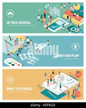 School, education and learning banners set with kids, teachers and objects Stock Vector