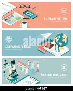University, research and studying abroad concept with isometric people and objects, banners set Stock Vector