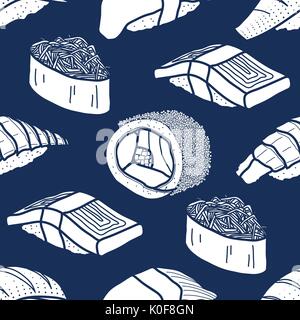 6 white silhouette sushi and roll on dark blue background. Cute Japanese food illustration hand drawn style. Seamless pattern. Stock Vector