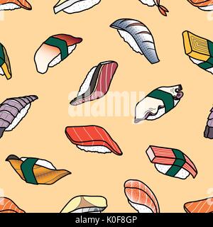 A lot of colorful sushi random on pastel pink background. Cute japanese food illustration hand drawn style. Seamless pattern design. Stock Vector