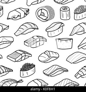 Plenty of sushi and roll. Cute Japanese food illustration hand drawn ...