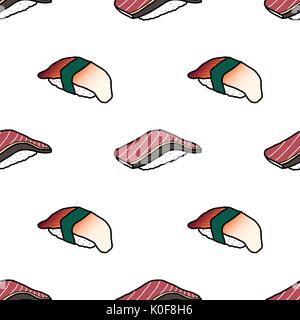 Colorful bonito and surf clam sushi on white blackground. Cute japanese food illustration hand drawn style. Seamless patterm Stock Vector