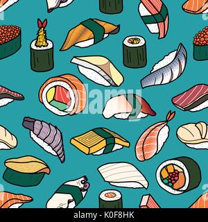 Colorful sushi random on vintage blue background. Cute japanese food illustration hand drawn style. Seamless patterm. Stock Vector