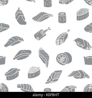 Grey silhouette sushi random on white background. Cute japanese food illustration hand drawn style. Seamless patterm. Stock Vector