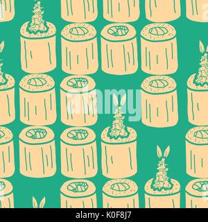 Roll sushi in pastel pink plane on vintage green blackground. Cute japanese food illustration hand drawn style. Seamless patterm. Stock Vector