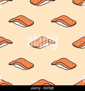 Salmon sushi in colorful on pastel pink background. Cute japanese food illustration hand drawn style. Seamless pattern design. Stock Vector
