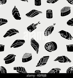Silhouette sushi random on light gray background. Cute japanese food illustration hand drawn style. Seamless patterm. Stock Vector