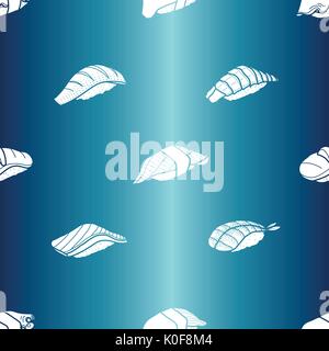 White silhouatte sushi on metalic blue background. Cute japanese food illustration hand drawn style. Seamless patterm. Stock Vector