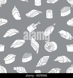 White silhouette sushi random on gray background. Cute japanese food illustration hand drawn style. Seamless patterm. Stock Vector