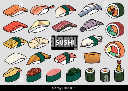 Set of 25 isolated colorful sushi and roll. Cute japanese food illustration hand drawn style. Stock Vector