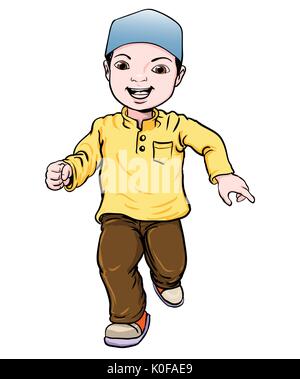 Happy Muslim boy make running. Brown trousers, yellow shirt. Flat cartoon style. Vector Illustration Stock Vector