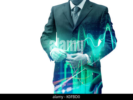 Double exposure businessman with stocks and shares. Investing background.