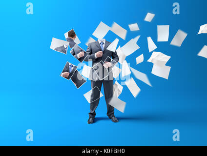 Printing A businessman. A person being made/ lost in printed paper blowing in the wind. business concept. Stock Photo