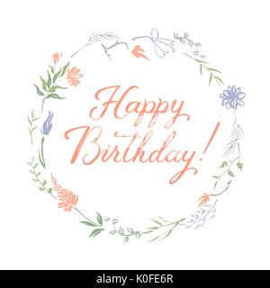 Birthday greeting card with calligraphy and hand painted vector color ink wreath. Stock Vector