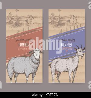 Two farm shop labels with farmhouse, barn, sheep and goat. Stock Vector