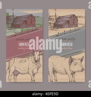 Two farm shop labels with color farmhouse, barn, cow and pig. Stock Vector