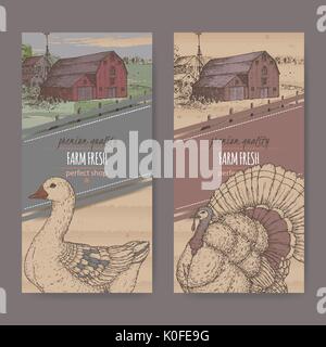 Two farm shop labels with color farmhouse, barn, goose and turkey on cardboard. Stock Vector