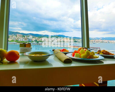 Palma de Mallorca, Spain - September 07, 2015: The main restaurant at Royal Caribbean, Allure of the Seas at Barselona on September 6, 2015. The view  Stock Photo