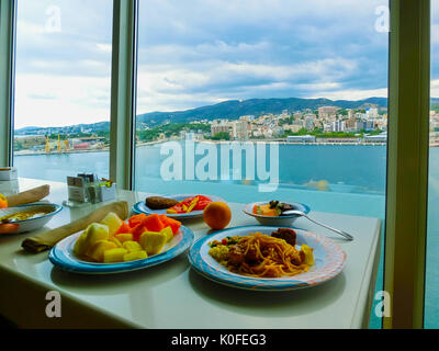 Palma de Mallorca, Spain - September 07, 2015: The main restaurant at Royal Caribbean, Allure of the Seas at Barselona on September 6, 2015. The view  Stock Photo